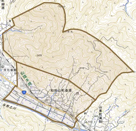 和田山町桑原とその周辺の地図。町の範囲を重ねている