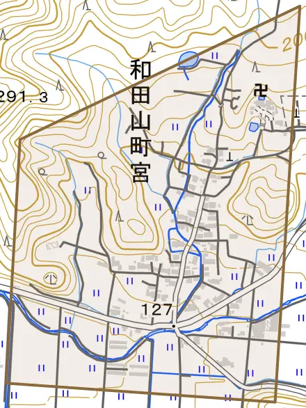和田山町宮とその周辺の地図。町の範囲を重ねている