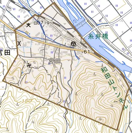 和田山町宮田とその周辺の地図。町の範囲を重ねている