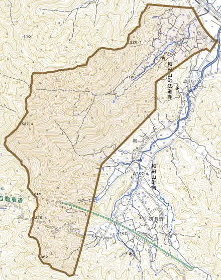 和田山町宮内とその周辺の地図。町の範囲を重ねている