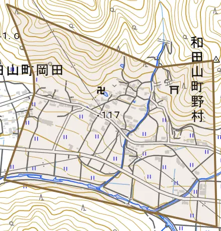 和田山町野村とその周辺の地図。町の範囲を重ねている