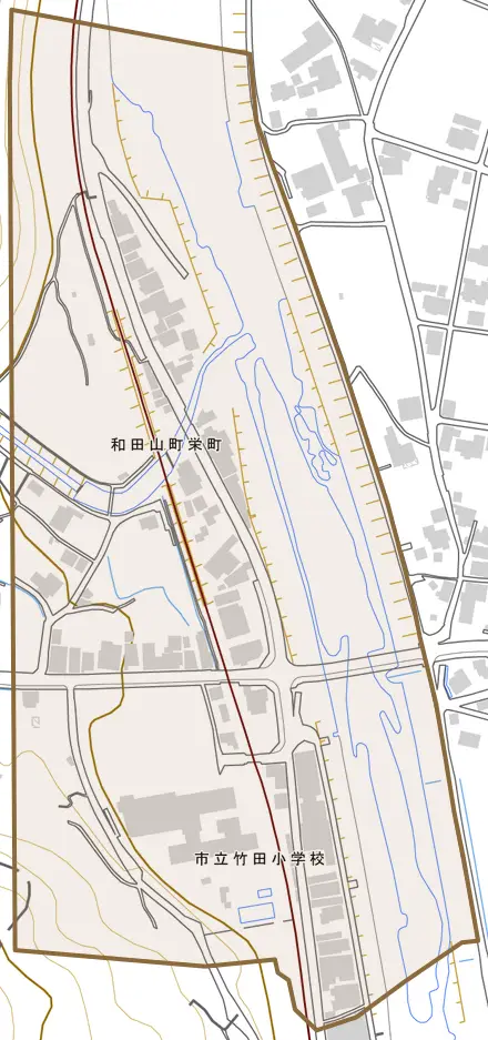 和田山町栄町とその周辺の地図。町の範囲を重ねている