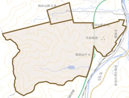和田山町三波とその周辺の地図。町の範囲を重ねている