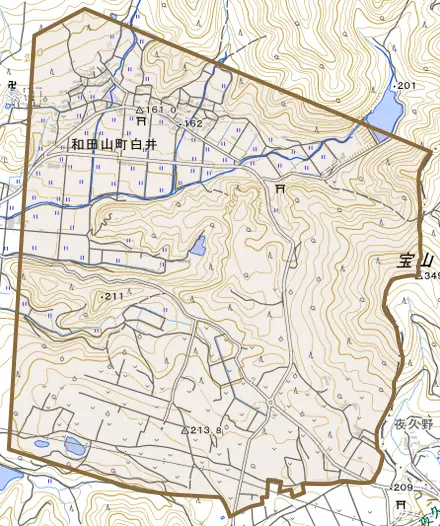 和田山町白井とその周辺の地図。町の範囲を重ねている