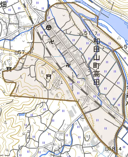 和田山町高田とその周辺の地図。町の範囲を重ねている