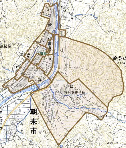 和田山町竹田とその周辺の地図。町の範囲を重ねている