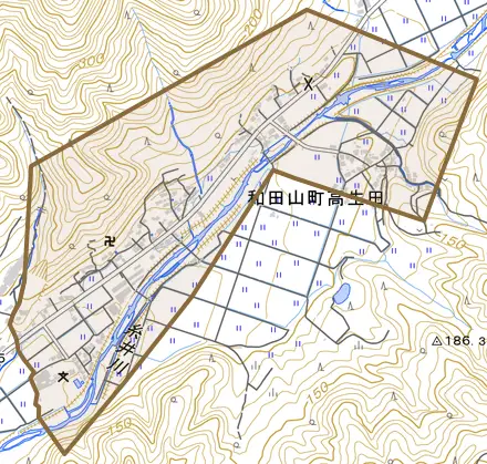 和田山町高生田とその周辺の地図。町の範囲を重ねている