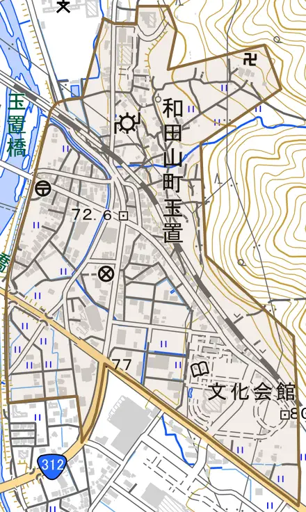 和田山町玉置とその周辺の地図。町の範囲を重ねている