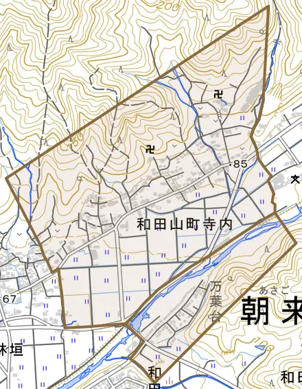 和田山町寺内とその周辺の地図。町の範囲を重ねている