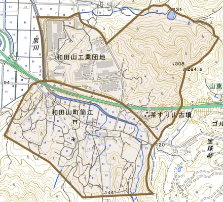 和田山町筒江とその周辺の地図。町の範囲を重ねている