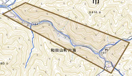 和田山町内海とその周辺の地図。町の範囲を重ねている
