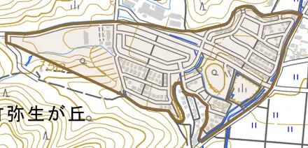 和田山町弥生が丘とその周辺の地図。町の範囲を重ねている