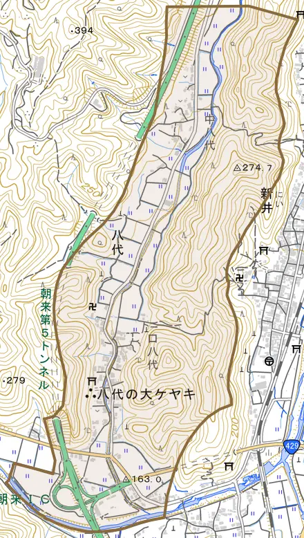八代とその周辺の地図。町の範囲を重ねている