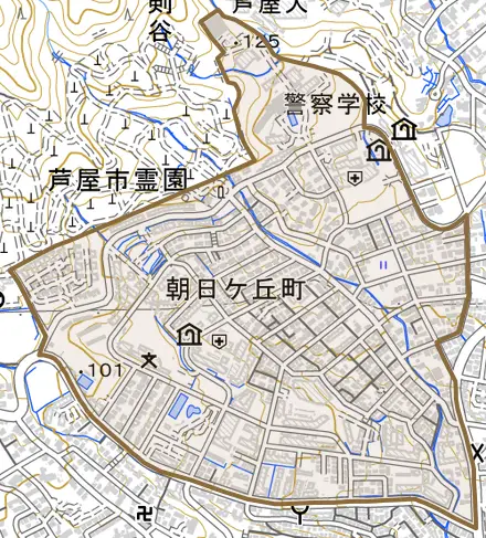 朝日ヶ丘町とその周辺の地図。町の範囲を重ねている