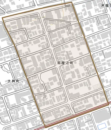 茶屋之町とその周辺の地図。町の範囲を重ねている