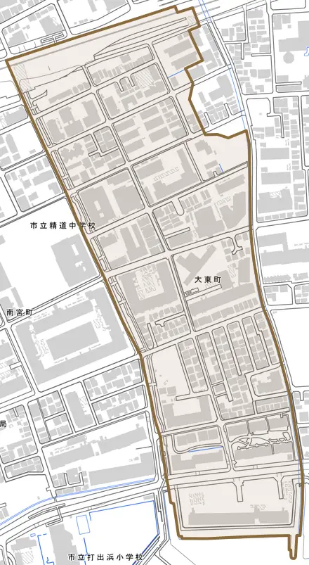 大東町とその周辺の地図。町の範囲を重ねている