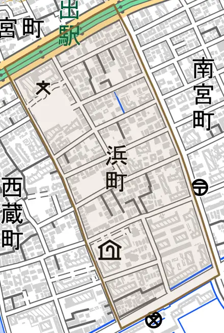 浜町とその周辺の地図。町の範囲を重ねている