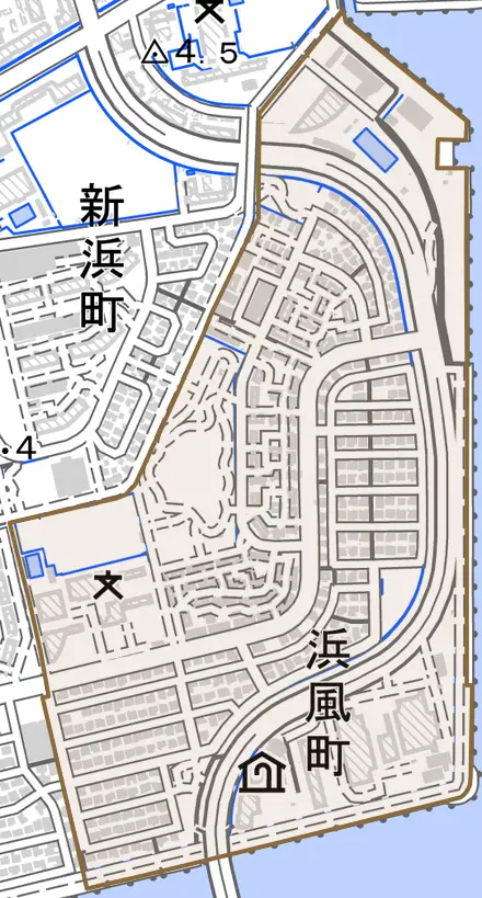 浜風町とその周辺の地図。町の範囲を重ねている