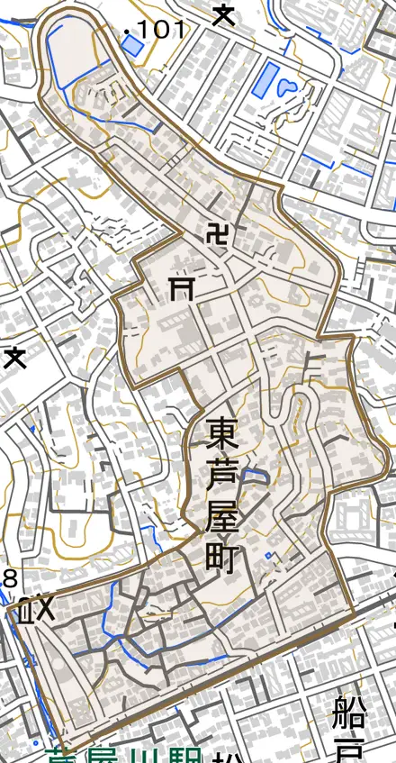 東芦屋町とその周辺の地図。町の範囲を重ねている