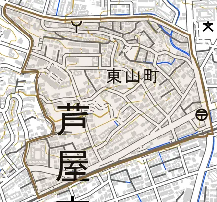 東山町とその周辺の地図。町の範囲を重ねている