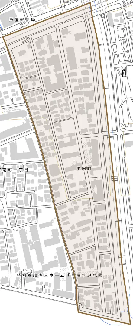 平田町とその周辺の地図。町の範囲を重ねている