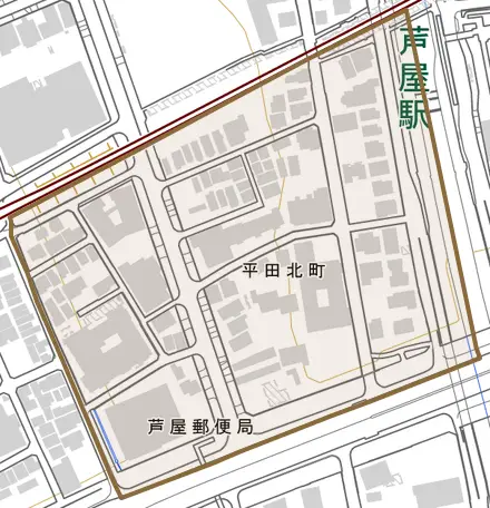 平田北町とその周辺の地図。町の範囲を重ねている