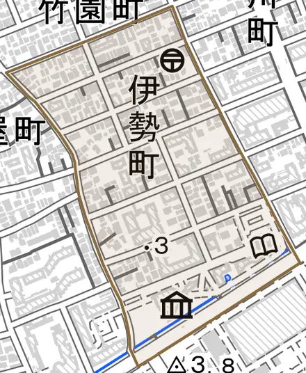 伊勢町とその周辺の地図。町の範囲を重ねている