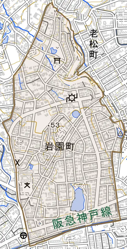 岩園町とその周辺の地図。町の範囲を重ねている