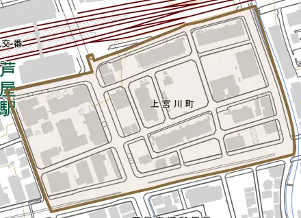 上宮川町とその周辺の地図。町の範囲を重ねている
