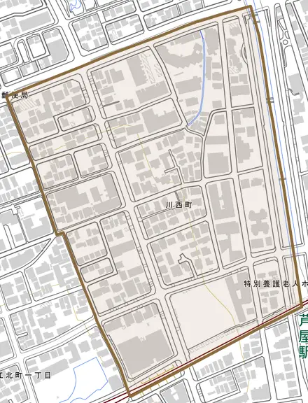 川西町とその周辺の地図。町の範囲を重ねている