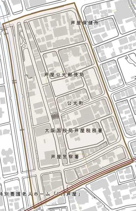 公光町とその周辺の地図。町の範囲を重ねている