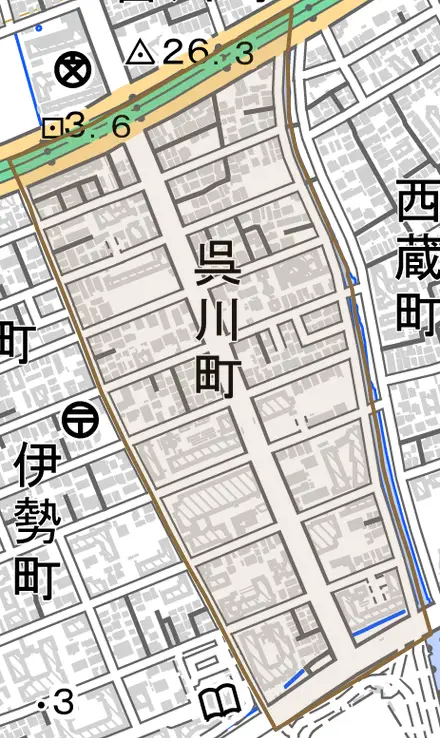 呉川町とその周辺の地図。町の範囲を重ねている