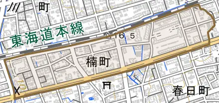 楠町とその周辺の地図。町の範囲を重ねている