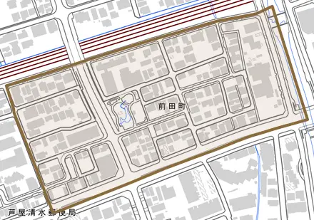 前田町とその周辺の地図。町の範囲を重ねている
