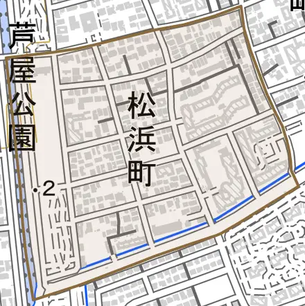 松浜町とその周辺の地図。町の範囲を重ねている