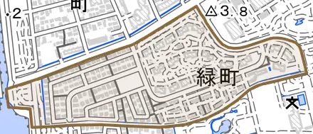 緑町とその周辺の地図。町の範囲を重ねている