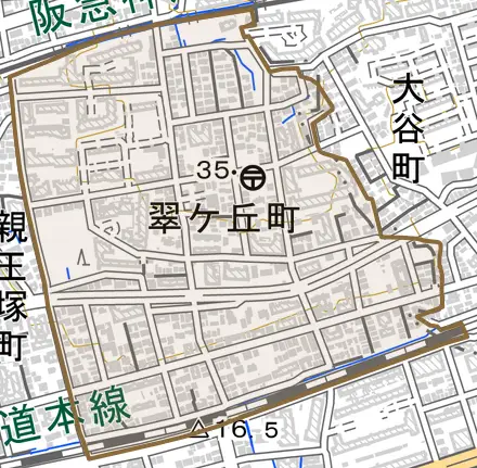 翠ケ丘町とその周辺の地図。町の範囲を重ねている