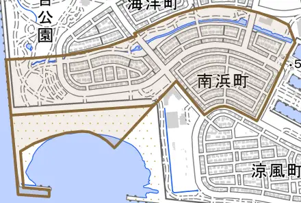 南浜町とその周辺の地図。町の範囲を重ねている