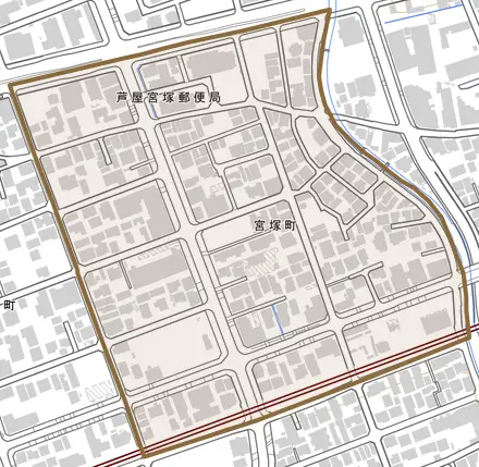 宮塚町とその周辺の地図。町の範囲を重ねている