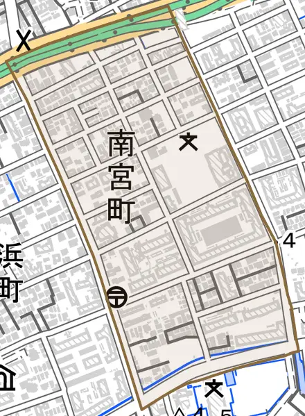 南宮町とその周辺の地図。町の範囲を重ねている