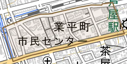 業平町とその周辺の地図。町の範囲を重ねている