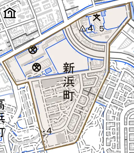 新浜町とその周辺の地図。町の範囲を重ねている