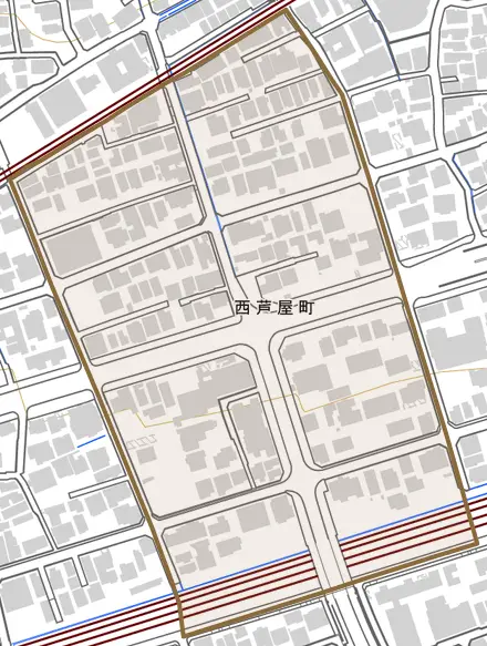 西芦屋町とその周辺の地図。町の範囲を重ねている