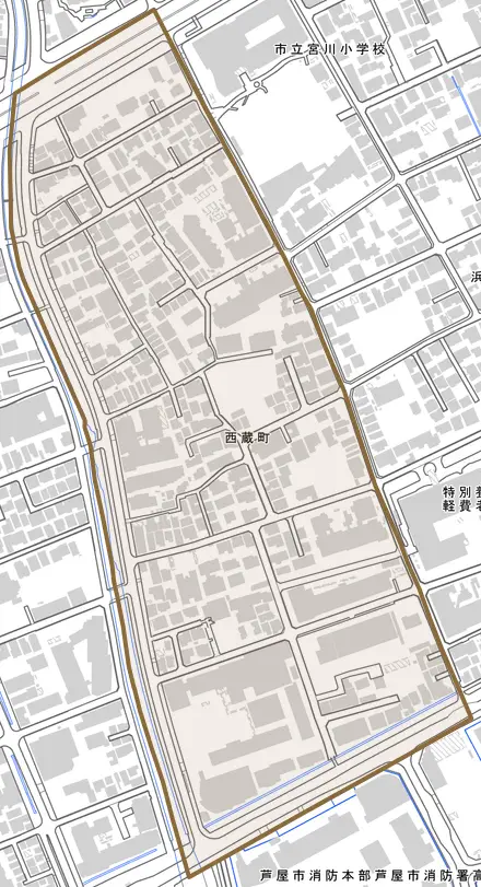 西蔵町とその周辺の地図。町の範囲を重ねている