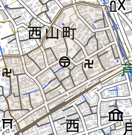 西山町とその周辺の地図。町の範囲を重ねている