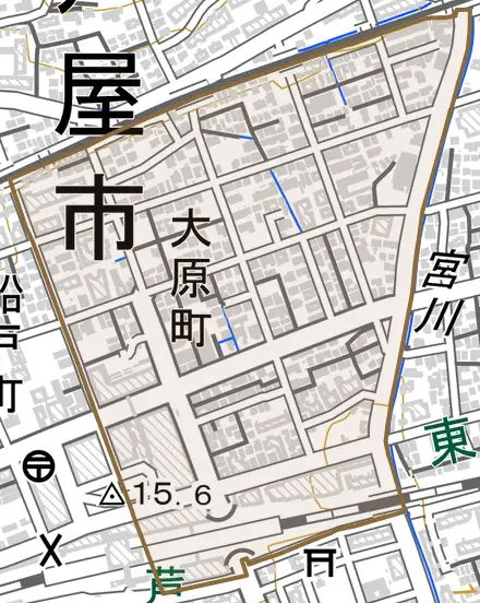大原町とその周辺の地図。町の範囲を重ねている