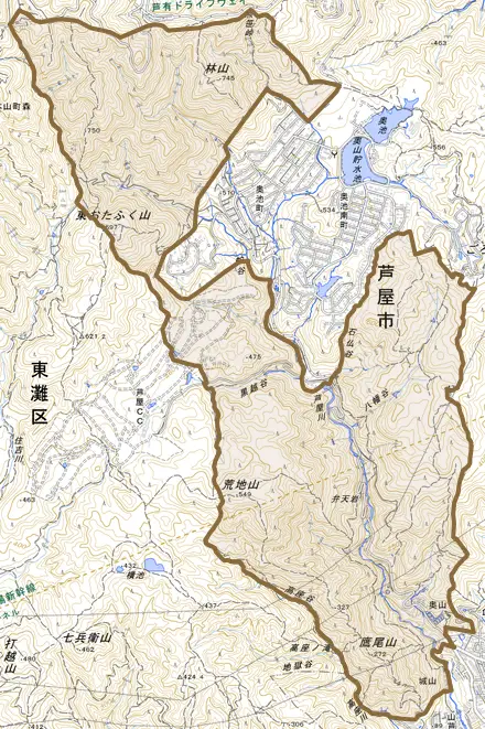 奥山とその周辺の地図。町の範囲を重ねている