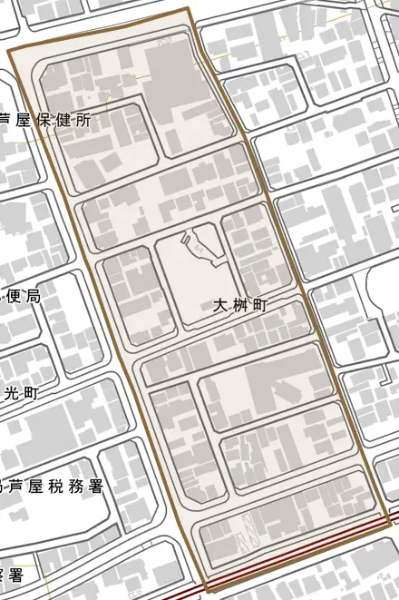 大桝町とその周辺の地図。町の範囲を重ねている