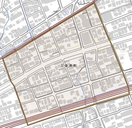 三条南町とその周辺の地図。町の範囲を重ねている