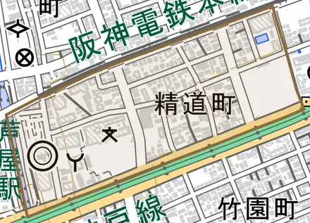 精道町とその周辺の地図。町の範囲を重ねている
